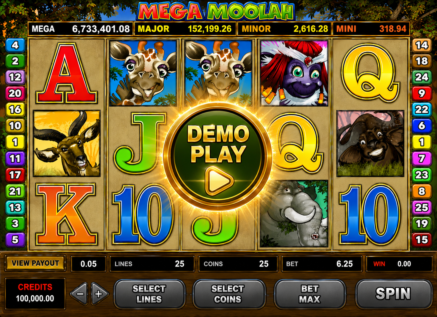Mega Moolah demo play-skärm med hjul, jackpotnivåer och spin-knapp