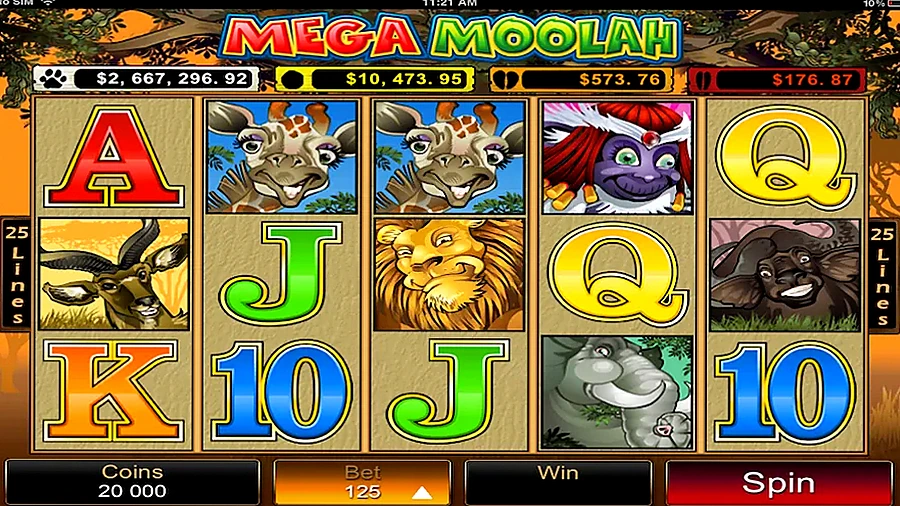 Mega Moolah spelplan med fem hjul och safarisymboler