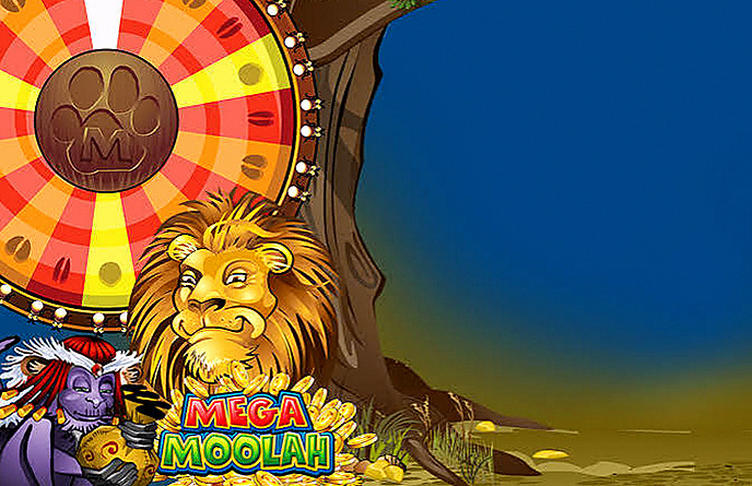 Mega Moolah med lejon, jackpotthjul och blå savannbakgrund
