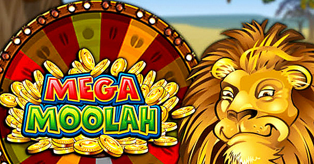 Mega Moolah logotyp framför jackpotthjul och lejon