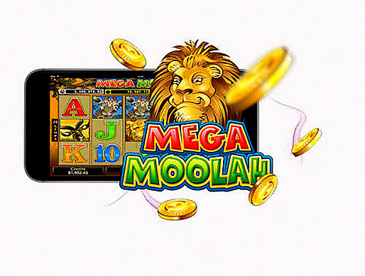 Mega Moolah på mobil med lejonlogotyp och mynt