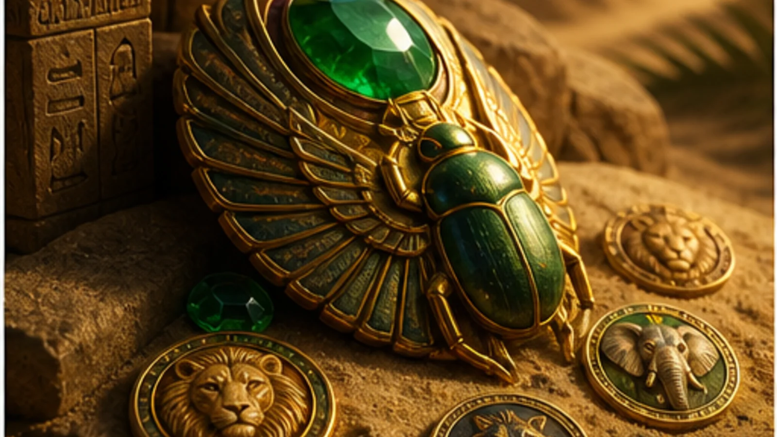 Egyptiskt inspirerade symboler med scarabé, guld och gröna juveler