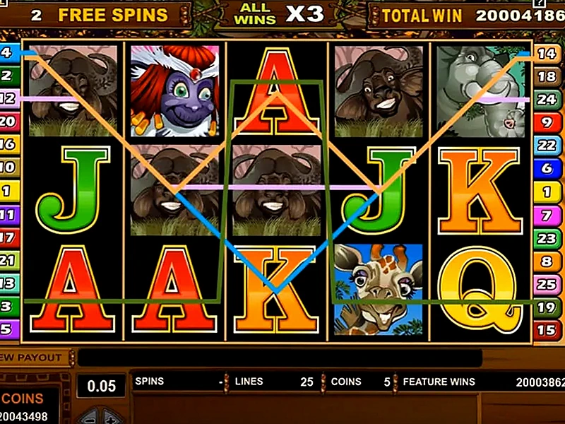 Mega Moolah spelplan med markerade vinstlinjer