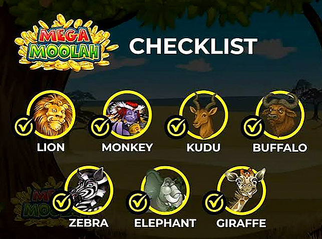 Mega Moolah checklista med lejon, apa, kudu, buffel, zebra, elefant och giraff